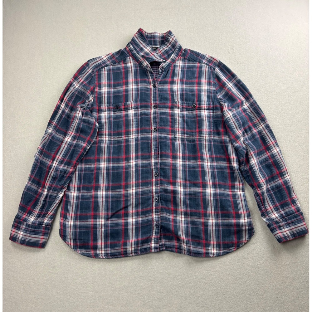 I ❤️ Ronson Shirt Womens XL Blue Red Plaid Long Sleeve Roll Tab Button Flannel